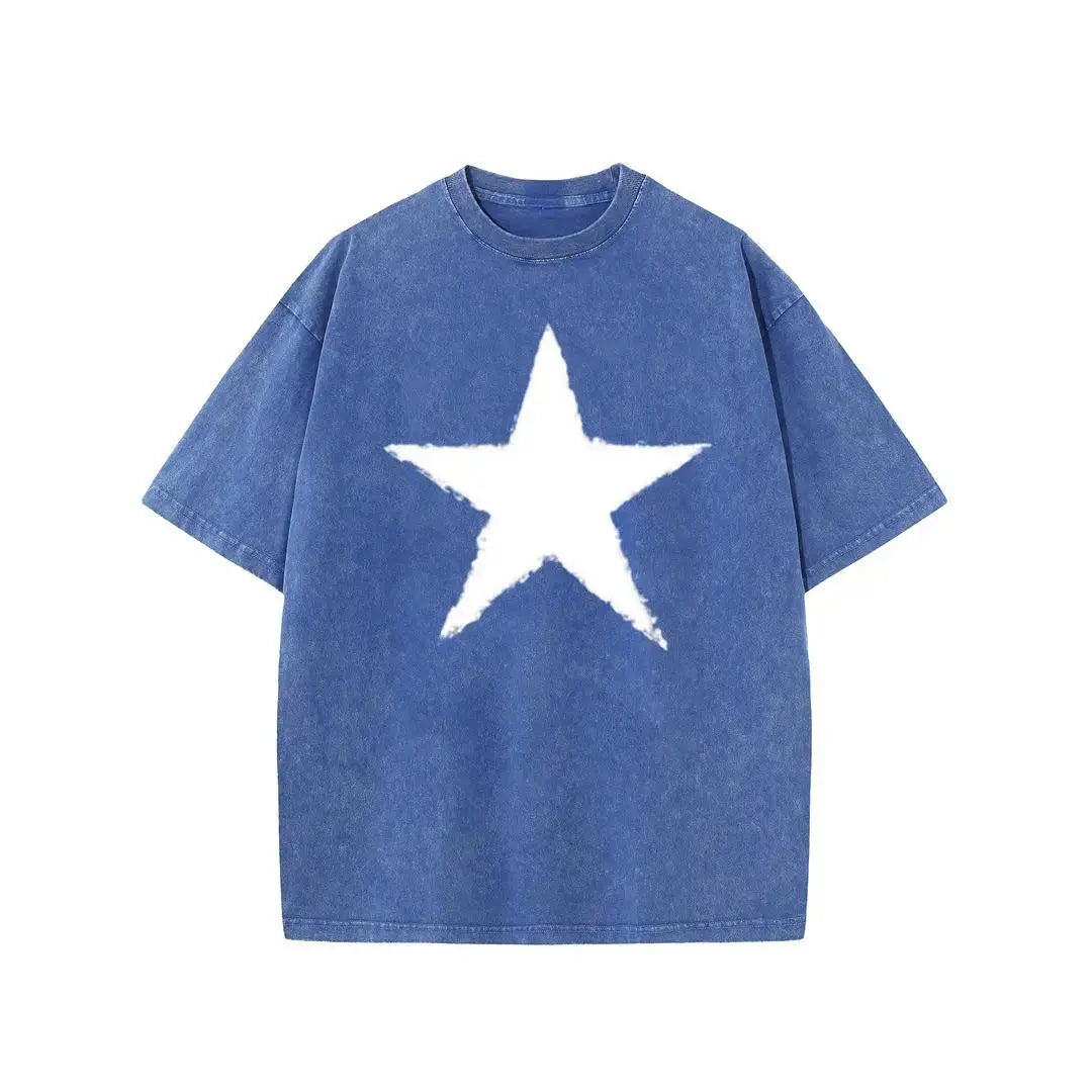 Holafish Star Graphic Acid Wash T-Shirt, Heavyweight Cotton Short Sleeve Tee, Unisex Casual Streetwear Summer Top for Men Women