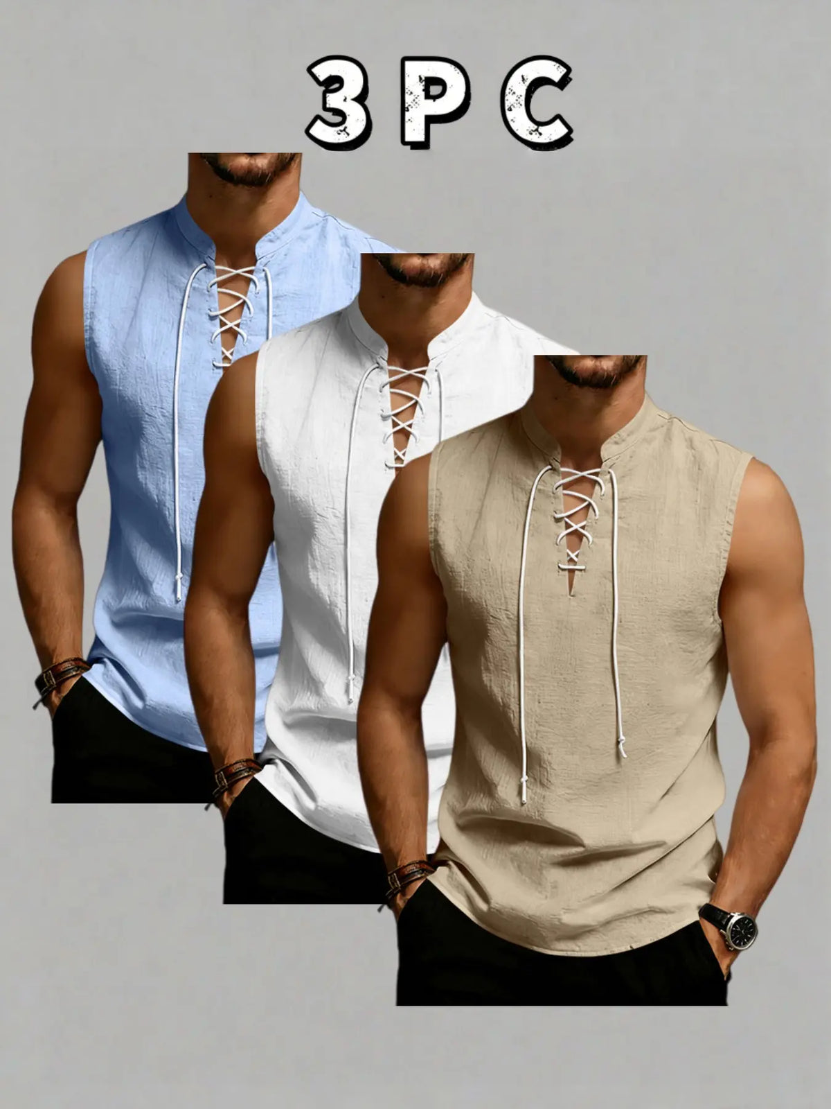 3-Pack Men's Sleeveless Tie-Back Vest, Plain Stand Collar Linen Style Jacket, Comfortable Breathable, Casual Wear for Vacation & Daily Use