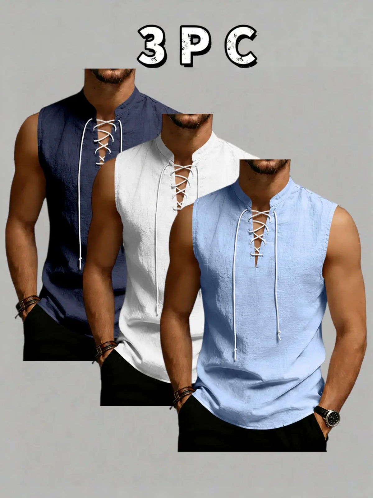 3-Pack Men's Sleeveless Tie-Back Vest, Plain Stand Collar Linen Style Jacket, Comfortable Breathable, Casual Wear for Vacation & Daily Use