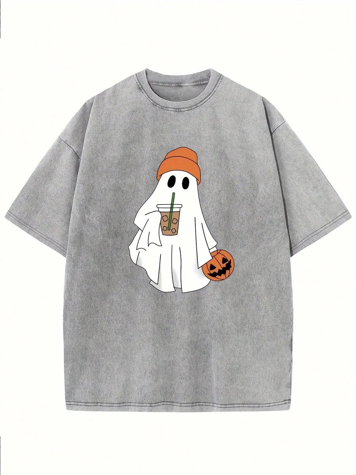 Women's 230g Heavyweight Breathable Cotton Halloween T-Shirt - Pumpkin & Ghost Print, Oversized Drop Shoulder, Acid Washed, Vintage Street Style, Loose Regular Fit, Machine Washable Hip-Hop Basic Top, T Shirts Women