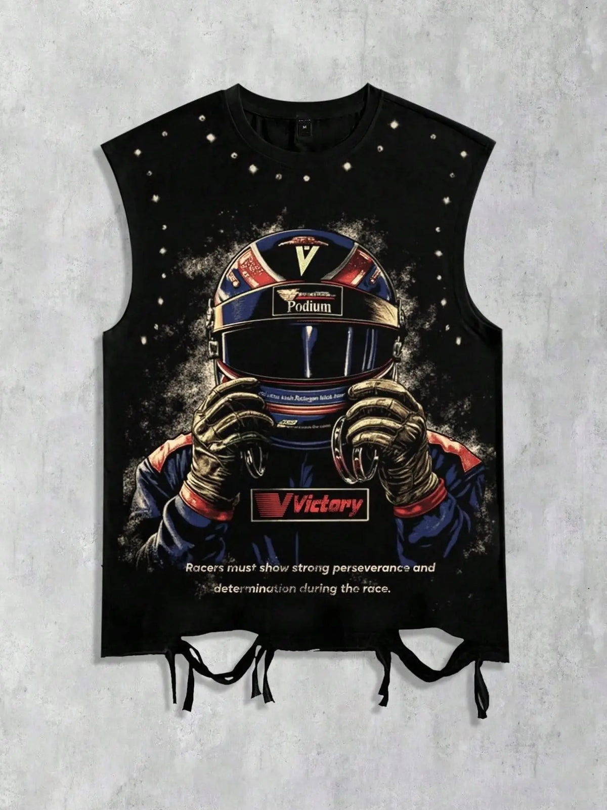Retro racing style helmet with driver portrait print, distressed drawstring sleeveless vest, Victory slogan, Podium logo, distressed hem, men's black loose round neck casual top, unisex style, Streetwear, street style