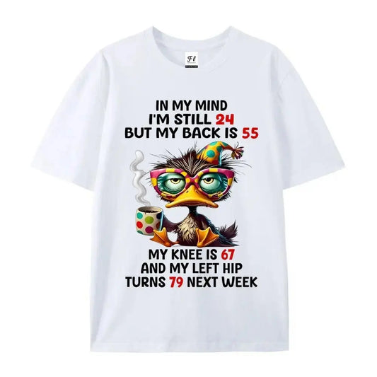Men's Soft Breathable Cotton Crewneck Round Neck Funny Print T-Shirt - "Duck In My Mind I'm 24 But My Back Is 55" Sarcastic Style, Black Short Sleeve, Casual Loose Top, Personality Wear for New Year, Nyepi
