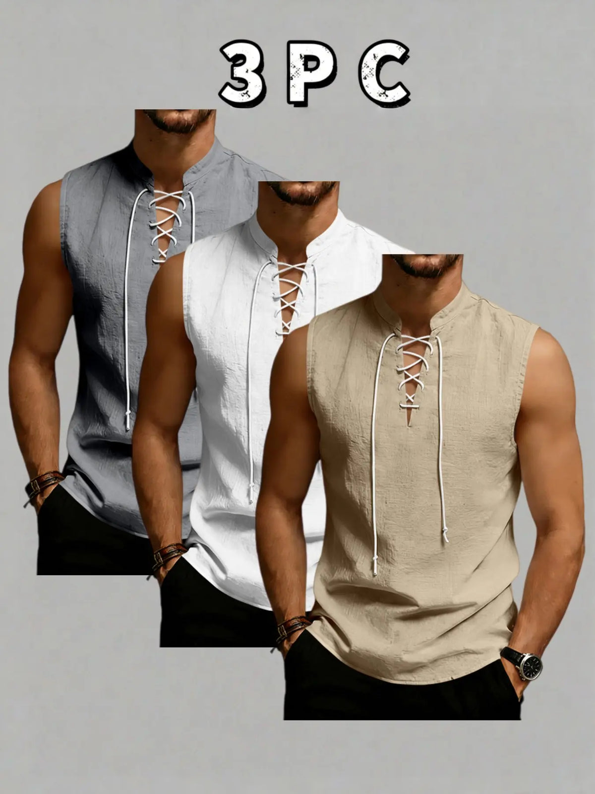 3-Pack Men's Sleeveless Tie-Back Vest, Plain Stand Collar Linen Style Jacket, Comfortable Breathable, Casual Wear for Vacation & Daily Use