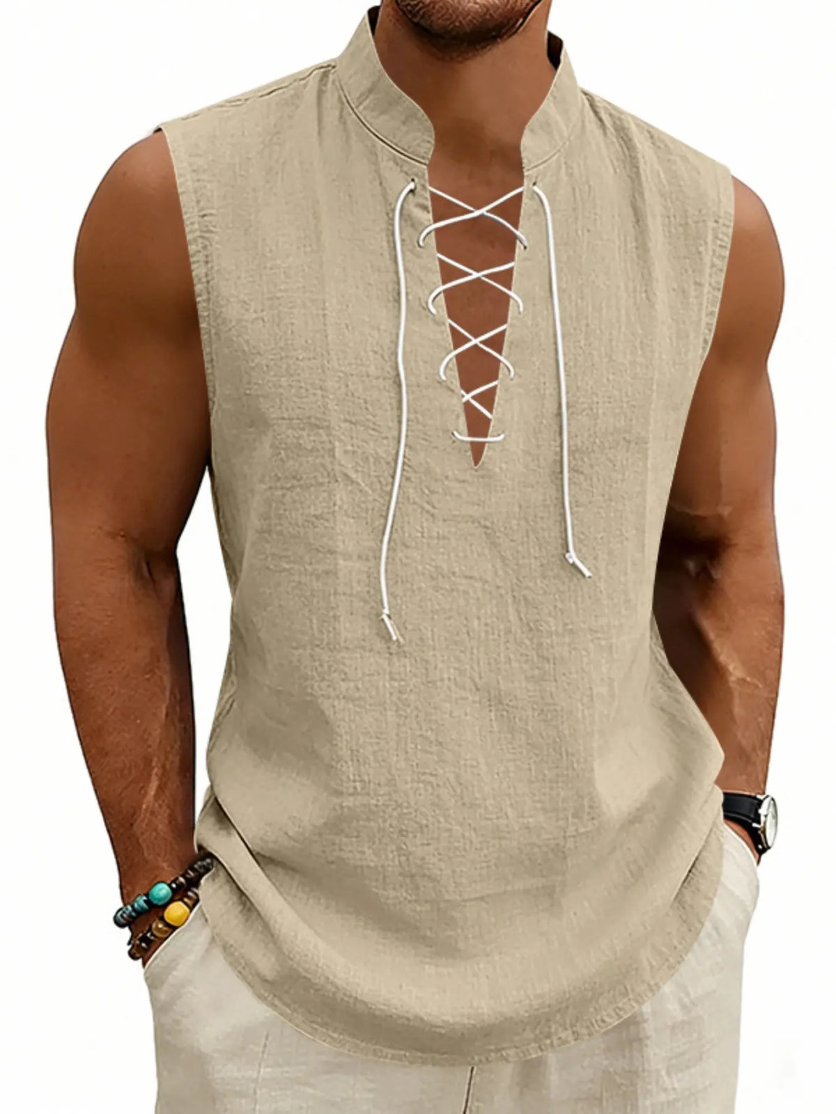 American Summer Loose Casual Men's Viking Medieval Drawstring Linen Breathable Sleeveless Design Tank Top, Comfortable and Stylish Unisex Clothing