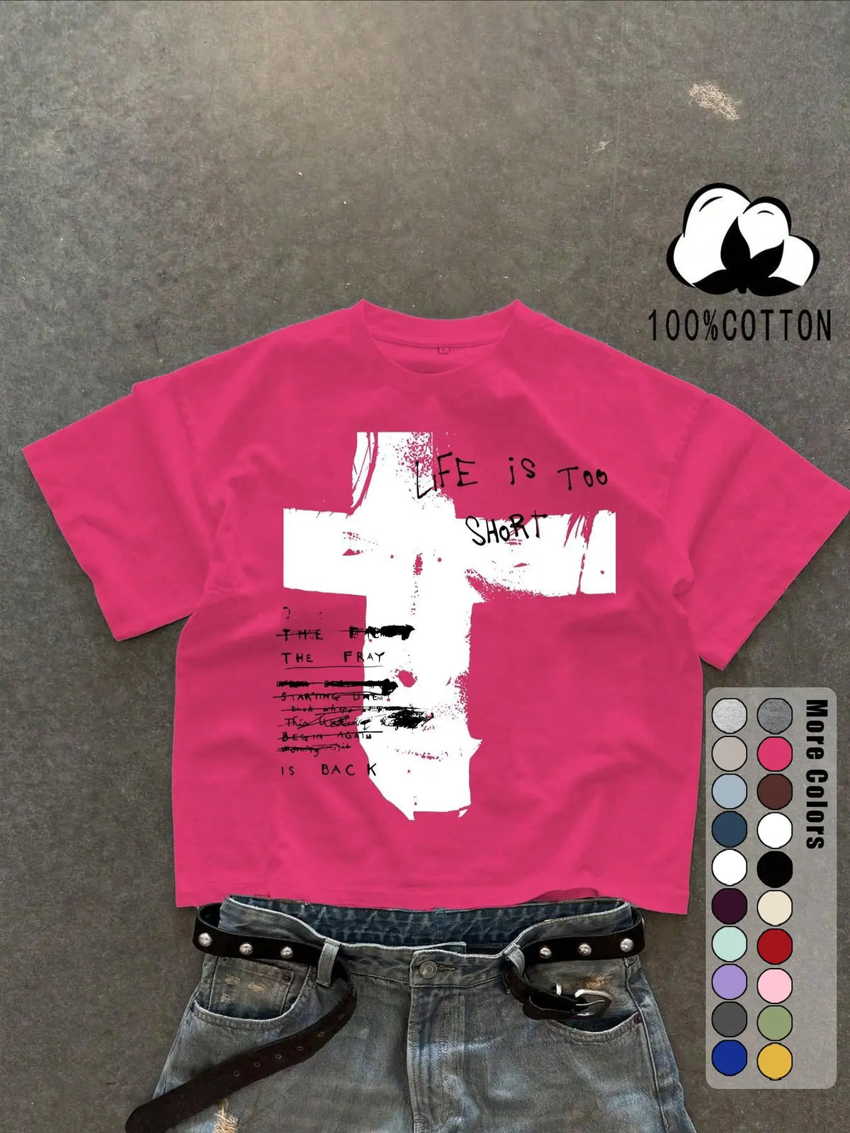 Unisex 100% Cotton Short Sleeve T-Shirt, Cross Graffiti Print, Y2K Dark Gothic Street Style, Streetwear, Casual Daily Wear, Loose-Fitting, Long Length, Aesthetic, Relaxed Fit
