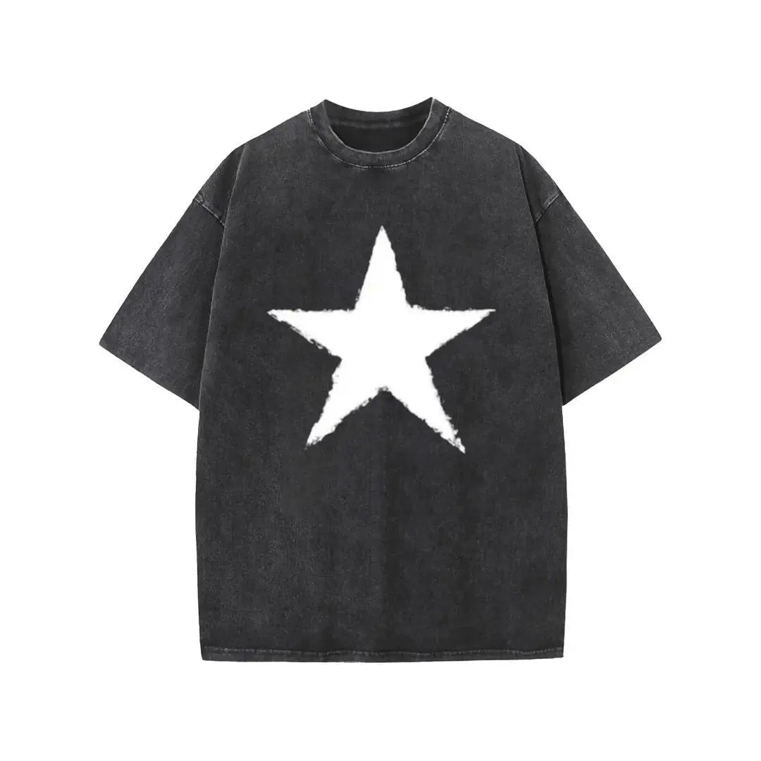 Holafish Star Graphic Acid Wash T-Shirt, Heavyweight Cotton Short Sleeve Tee, Unisex Casual Streetwear Summer Top for Men Women