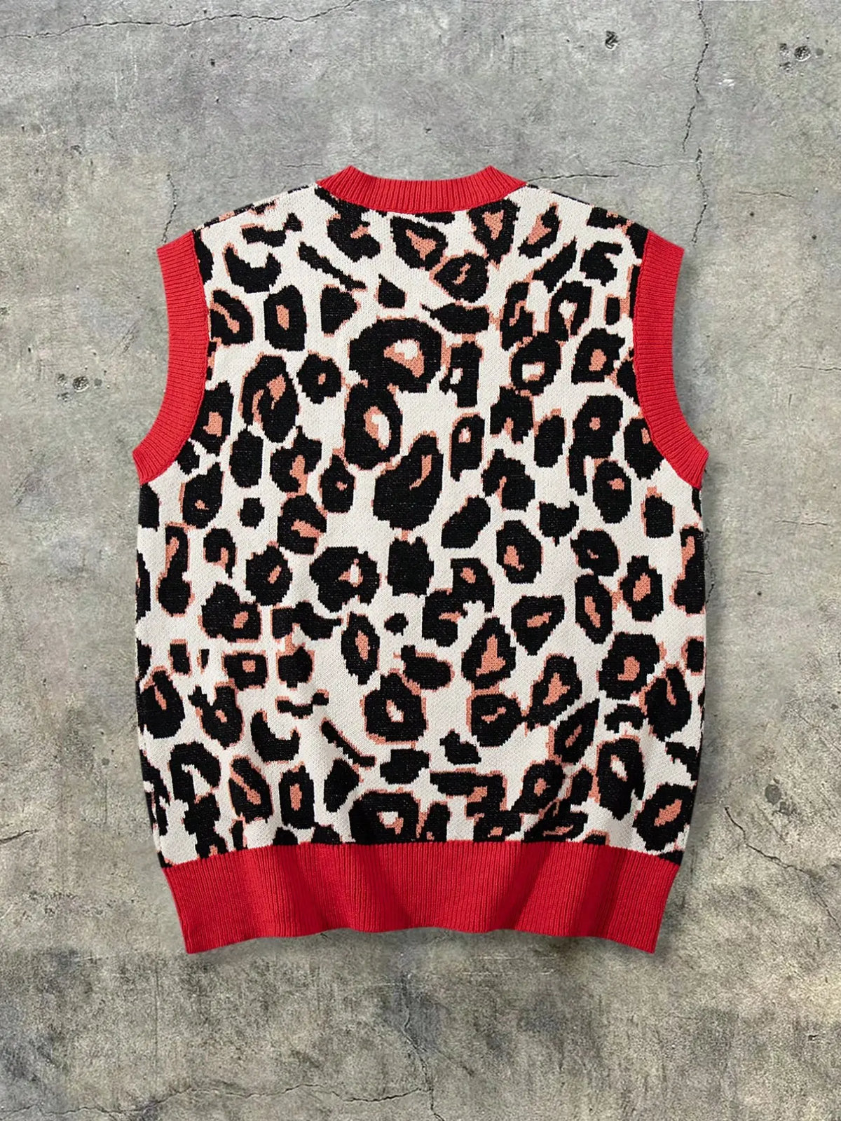 New Retro Style Men's Neutral Leopard Print Knit Vest, V Neck Sleeveless Sweater Backless, Casual Fitted H-Type Design for All Seasons, Vneck, Fashion Vest