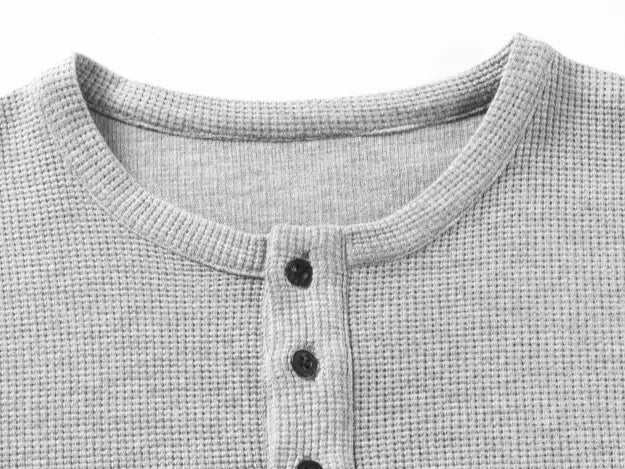Men’s Classic Waffle-Knit Henley-Collar Short-Sleeve T-Shirt - Small Stand Collar, Half-Button Placket, Breathable Textured Knit Fabric, Relaxed Drop-Shoulder Casual Fit, Solid Basics Streetwear Top for Casual Everyday Wear
