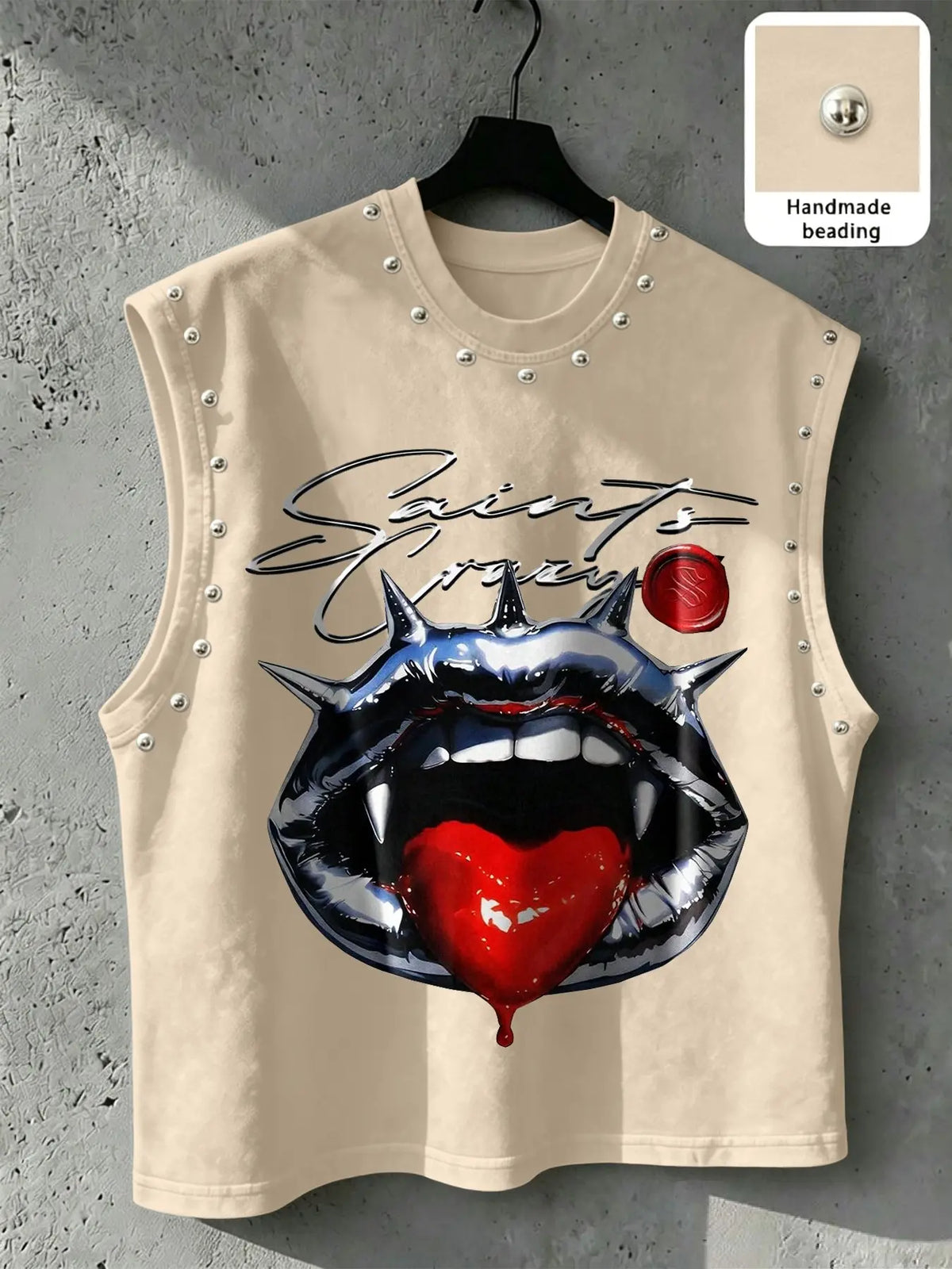 Men's Punk Style Vest, Tribal Print, Metal Rivets, Breathable Knit Fabric, Streetwear Fashion, Comfortable and Durable, Fitted Sleeveless, Graphic Sleeveless Vest, Streetwear Tank Vest, Breathable Sleeveless Design, Knitted Vest