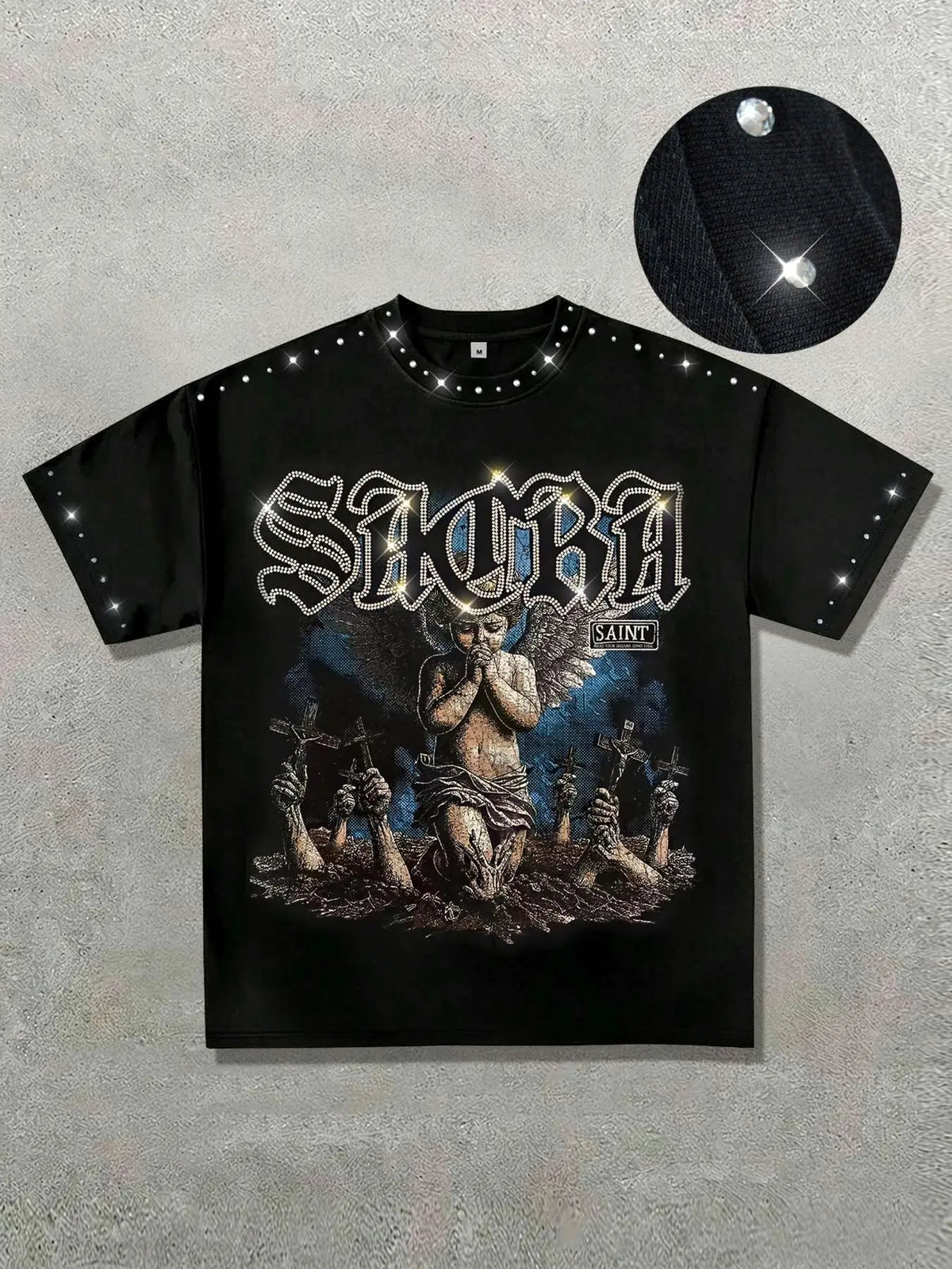 Men's Blessed Rhinestone-Collar Cotton T-Shirt, Fashion Dark Angel Graphic Print Round-Neck Top, Casual Streetwear, Vintage Retro Style Short-Sleeve Shirt, Casual Graphic Tee
