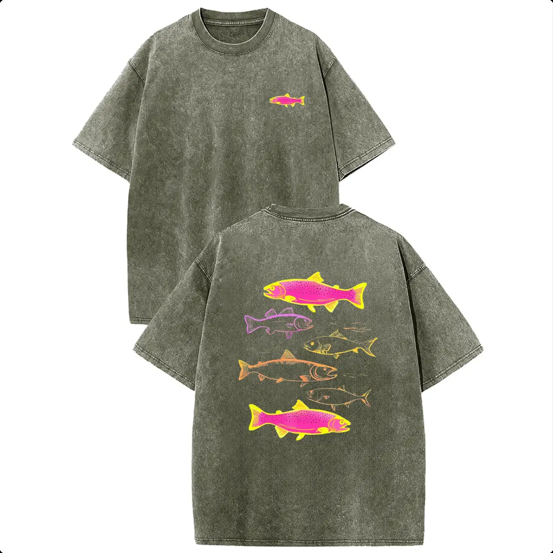 Holafish Heavyweight Cotton Crewneck Streetwear T‑Shirt, Retro Acid Wash Neon Trout Fish Dual Side Graphic Printed Unisex Fashion Tees summervibes Casual Top