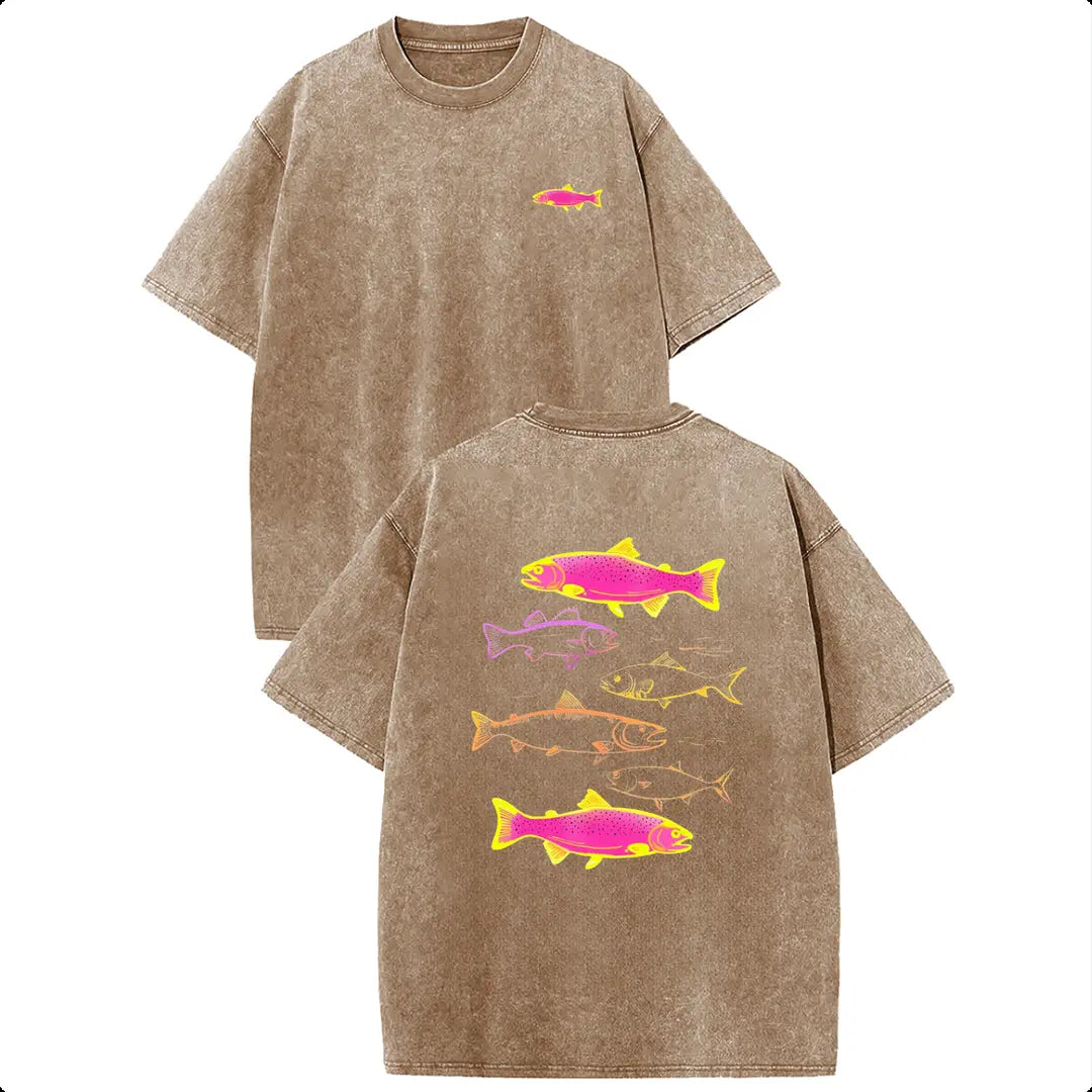 Holafish Heavyweight Cotton Crewneck Streetwear T‑Shirt, Retro Acid Wash Neon Trout Fish Dual Side Graphic Printed Unisex Fashion Tees summervibes Casual Top