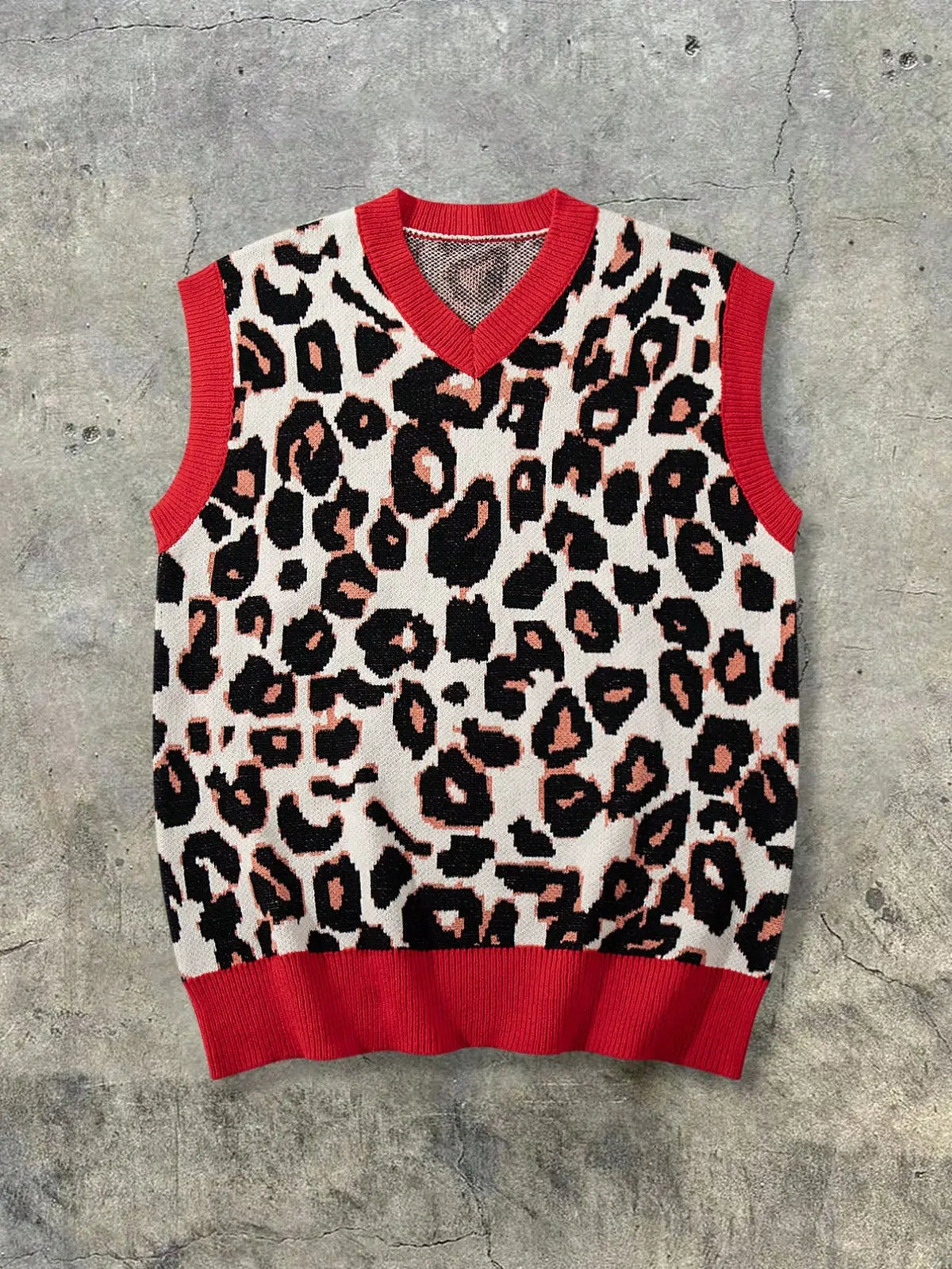 New Retro Style Men's Neutral Leopard Print Knit Vest, V Neck Sleeveless Sweater Backless, Casual Fitted H-Type Design for All Seasons, Vneck, Fashion Vest