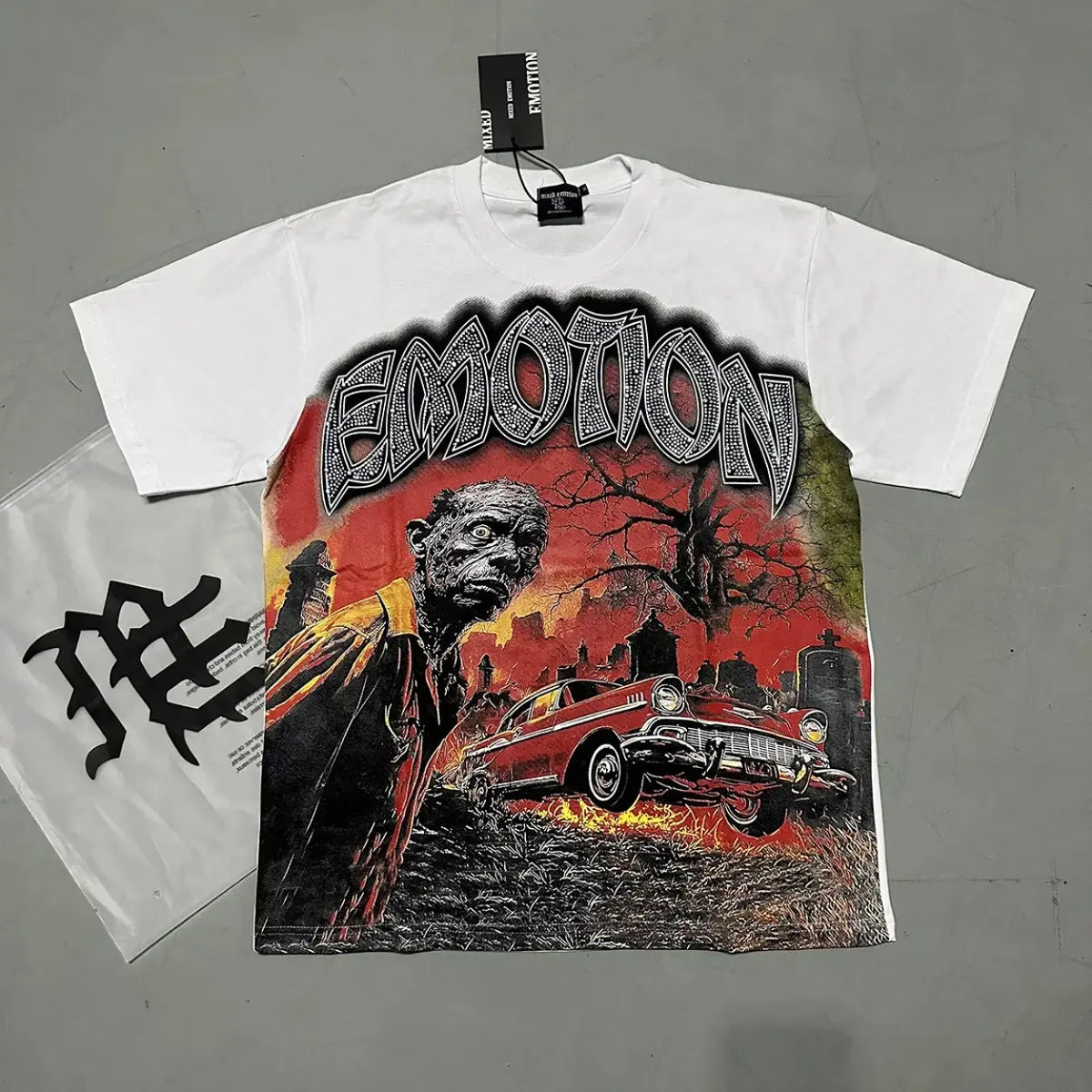 RMIXED EMOTION Rhinestone Graphic T-Shirt Men Women Oversized Cotton Tee Short Sleeve Crew Neck Streetwear Top Angel Print Gothic Y2K Hip Hop Casual Summer Shirt