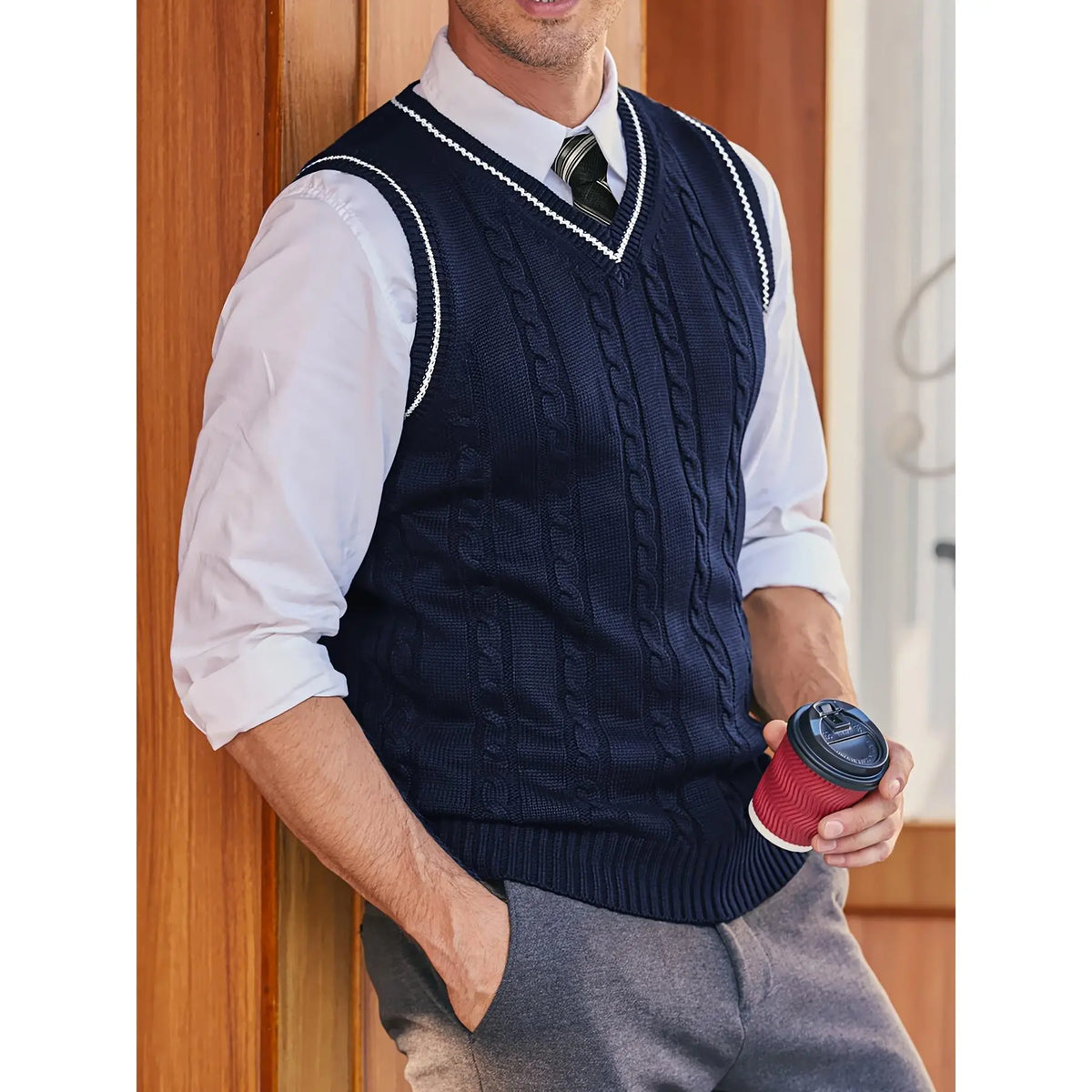 Male Slim-Fit V-Neck Stretch Knit Sweater Vest - Navy Blue, Khaki, Lightweight Breathable Fabric, Casual Sleeveless Pullover, Standard Sizes, for Spring/Fall Sports & Outdoor Wear, Menswear Tops, XXXL