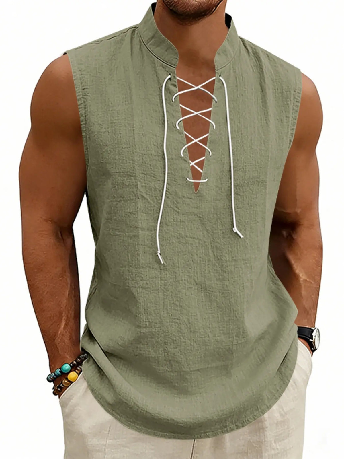 American Summer Loose Casual Men's Viking Medieval Drawstring Linen Breathable Sleeveless Design Tank Top, Comfortable and Stylish Unisex Clothing