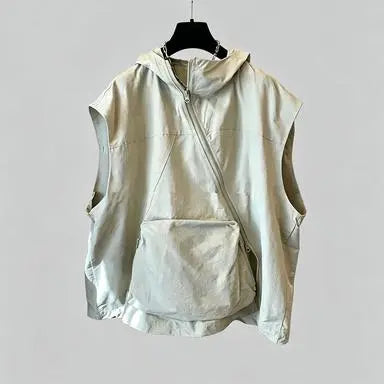 Unisex Loose Casual Asymmetric Diagonal Zipper Big Pocket Hooded Cargo Ves, Men's Summer Casual T-Shirt, Sleeveless Solid Color Top Menswear Vest