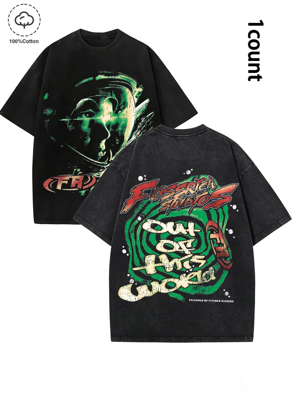 Out of This World Slogan Astronaut Pattern Cyberpunk Space Short Sleeve T-Shirt, Dark Punk Y2K Style, Unisex Streetwear Fashion