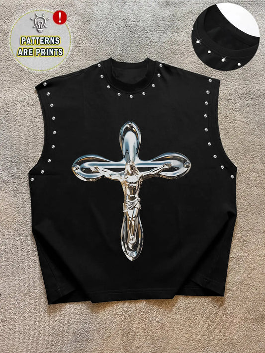 Men's Casual Vest, Background Mirror Cross Graphic Print, Regular Fit, Loose-Fitting, Pioneer Trend, Daily Wear, Light Social