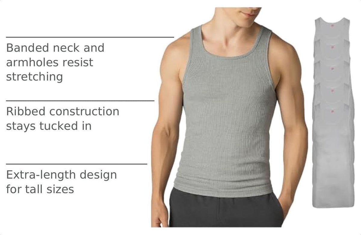 Hanes Men’s Tall 100% Cotton Ribbed Tank Tagless Undershirts, Multipack