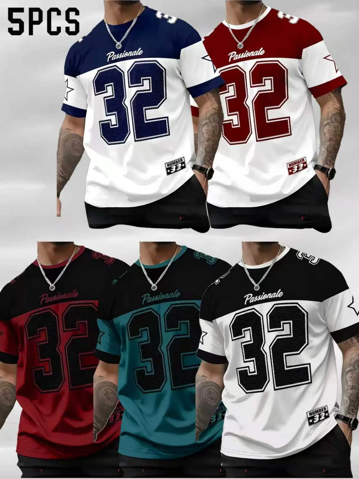 Set of 5, Striped Print Men'S Stylish Casual Short-Sleeve T-Shirts, Gradient Color Summer Round-Neck Quick-Dry Breathable Short-Sleeve T-Shirts, Casual Tee