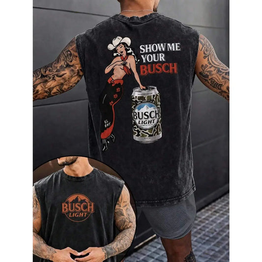 Men's Digital Print Vintage Washed Pull-On Vest - Menswear Tops, Loose Fit, Casual Street Style, Essential Everyday Item, Multi-Size, All Seasons