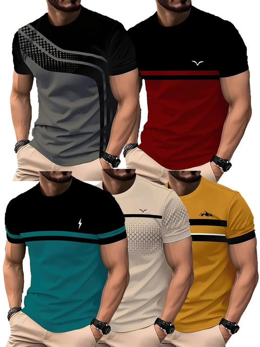 Set of 5, Striped Print Men'S Stylish Casual Short-Sleeve T-Shirts, Gradient Color Summer Round-Neck Quick-Dry Breathable Short-Sleeve T-Shirts, Casual Tee