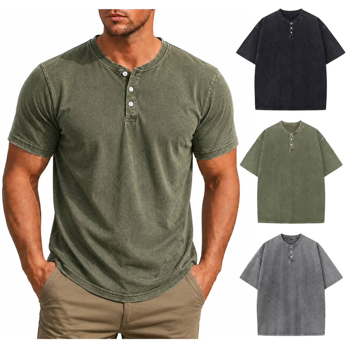 Gihuo Men's 3-Pack Cotton Acid Wash Vintage Casual Short-Sleeve Henley Shirts Loose Menswear Streetwear Apparel Tees