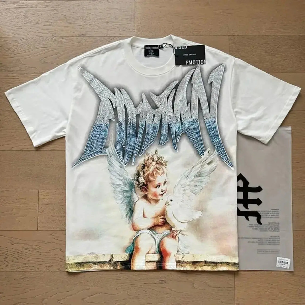 RMIXED EMOTION Rhinestone Graphic T-Shirt Men Women Oversized Cotton Tee Short Sleeve Crew Neck Streetwear Top Angel Print Gothic Y2K Hip Hop Casual Summer Shirt