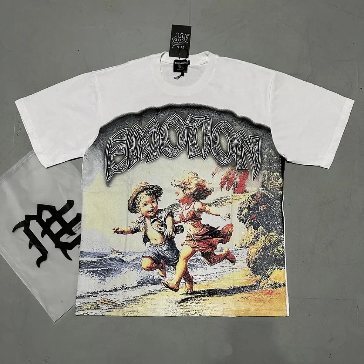 RMIXED EMOTION Rhinestone Graphic T-Shirt Men Women Oversized Cotton Tee Short Sleeve Crew Neck Streetwear Top Angel Print Gothic Y2K Hip Hop Casual Summer Shirt
