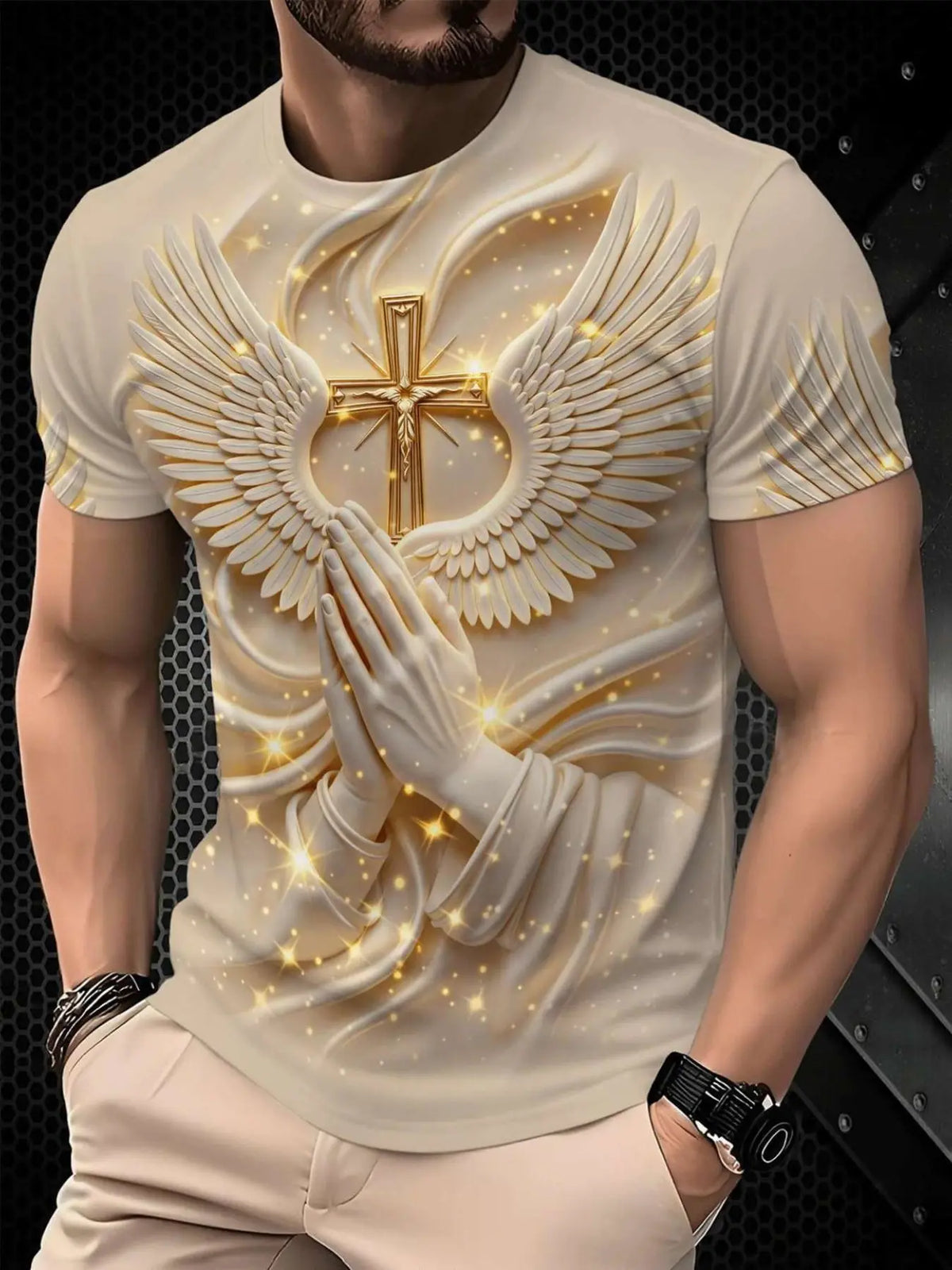 Men's Religious Prayer Angel Wings Cross 3D High Definition Graphic Print T-Shirt, Round Neck Short Sleeve Slim-Fit Summer Streetwear Stylish Tee