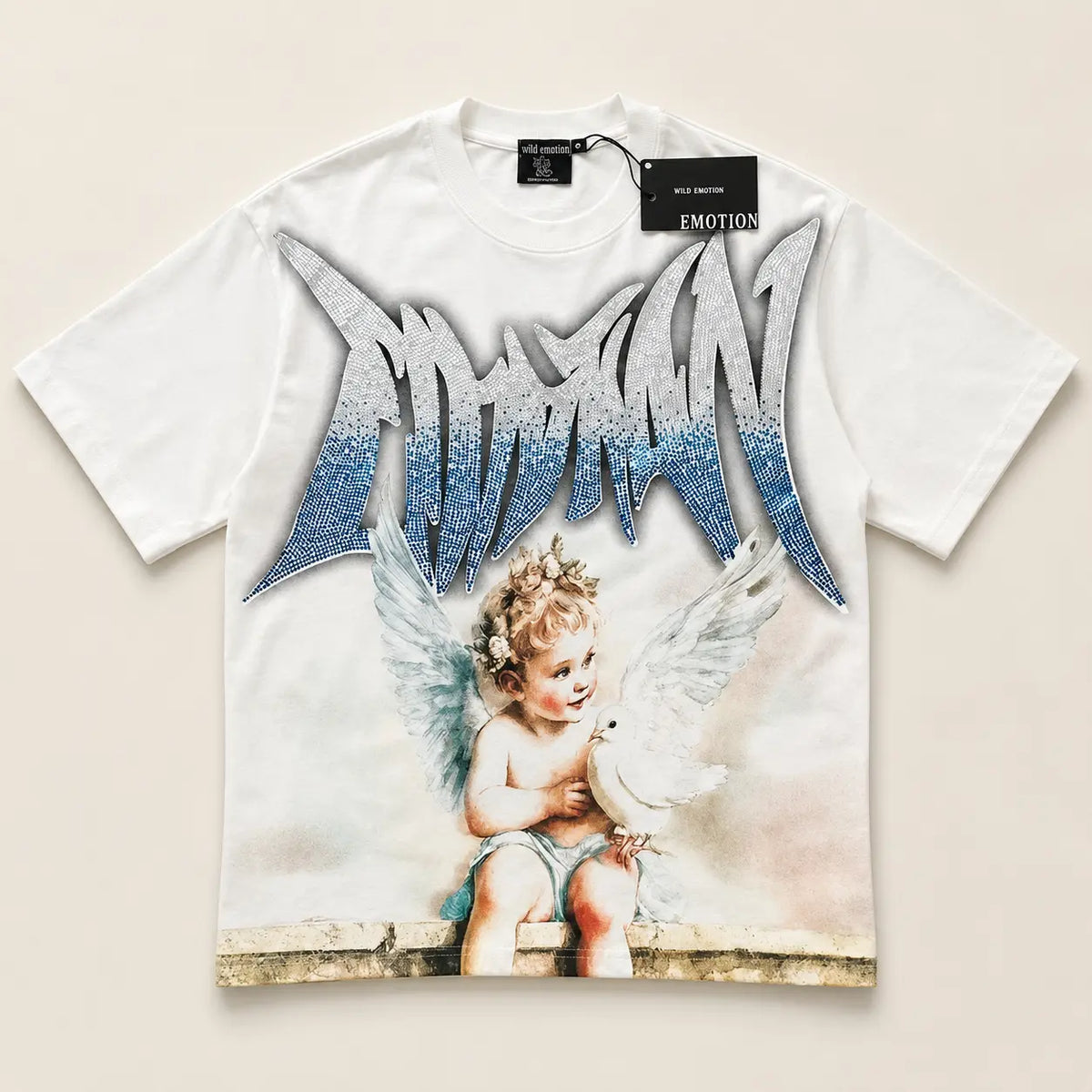 RMIXED EMOTION Rhinestone Graphic T-Shirt Men Women Oversized Cotton Tee Short Sleeve Crew Neck Streetwear Top Angel Print Gothic Y2K Hip Hop Casual Summer Shirt