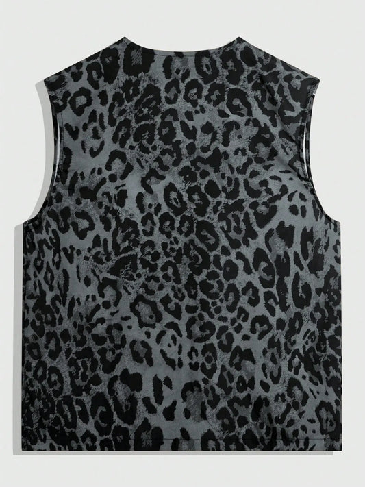 Men's Casual Leopard Print Vest, V Neck Sleeveless Jacket, Summer Office Wear, Trendy Fashion, Regular Length, Fitted H-Type