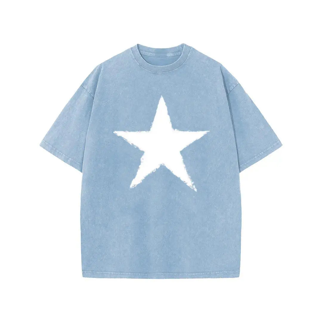 Holafish Star Graphic Acid Wash T-Shirt, Heavyweight Cotton Short Sleeve Tee, Unisex Casual Streetwear Summer Top for Men Women