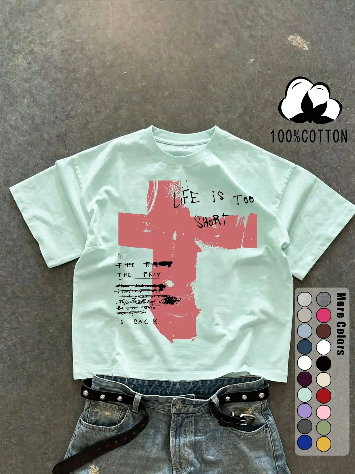 Unisex 100% Cotton Short Sleeve T-Shirt, Cross Graffiti Print, Y2K Dark Gothic Street Style, Streetwear, Casual Daily Wear, Loose-Fitting, Long Length, Aesthetic, Relaxed Fit