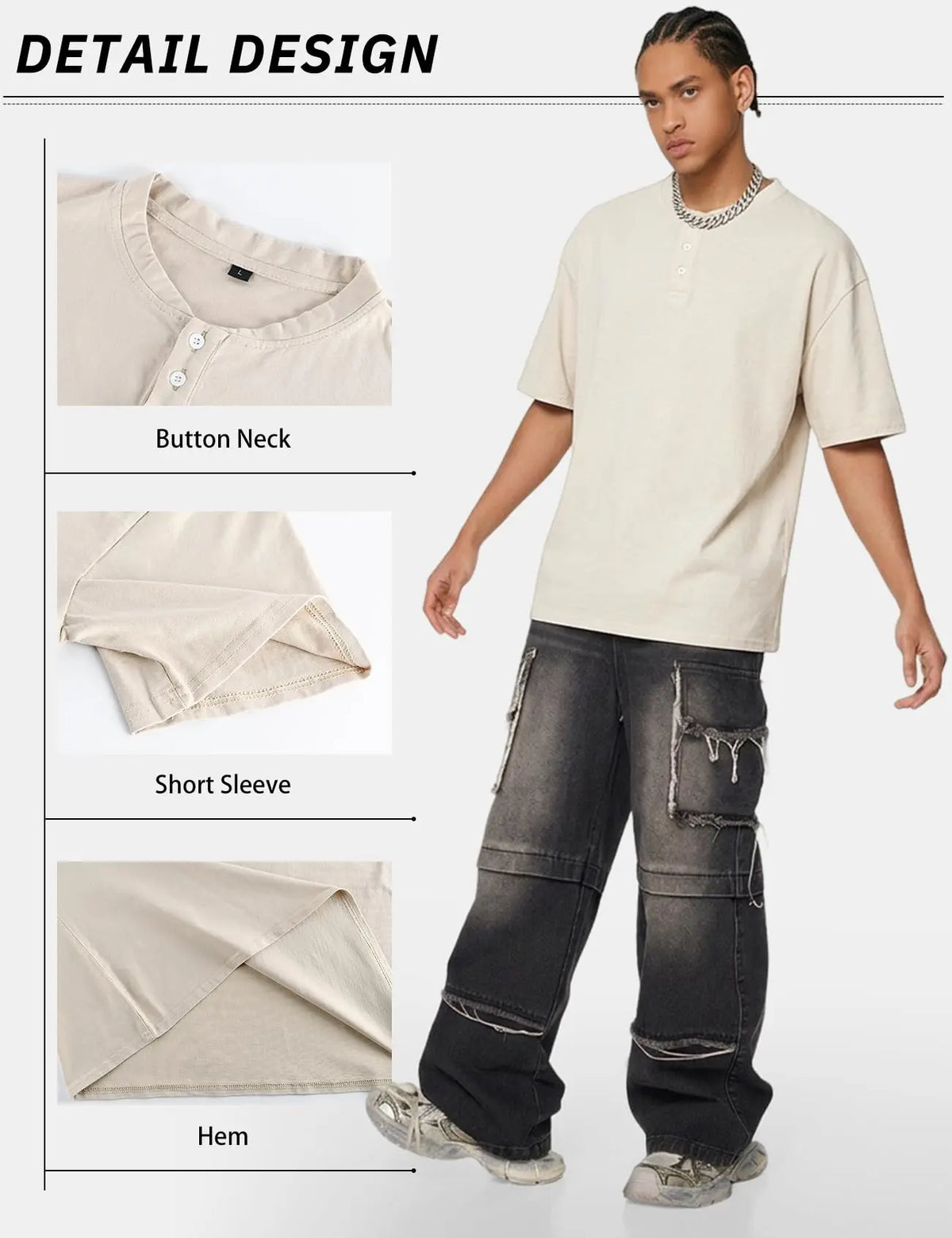 Gihuo Men's 3-Pack Cotton Acid Wash Vintage Casual Short-Sleeve Henley Shirts Loose Menswear Streetwear Apparel Tees
