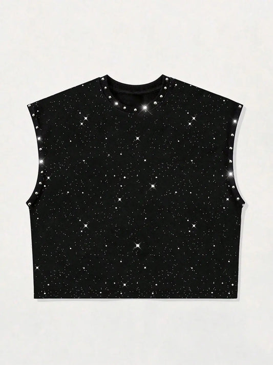 Men's Round Neck Vest, Rhinestone Print, Casual Short Sleeve, Slim Fit, Geometric Pattern, All Seasons, Outdoor & Party Wear