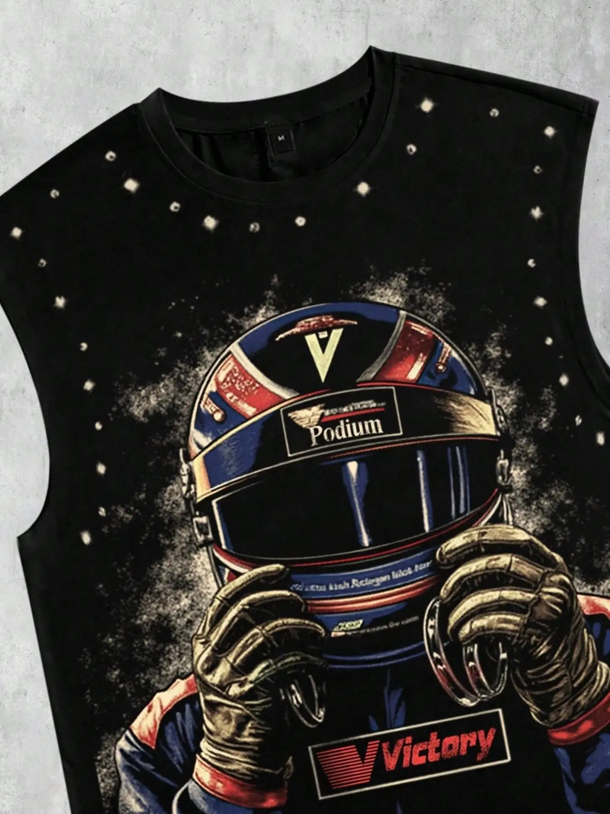 Retro racing style helmet with driver portrait print, distressed drawstring sleeveless vest, Victory slogan, Podium logo, distressed hem, men's black loose round neck casual top, unisex style, Streetwear, street style