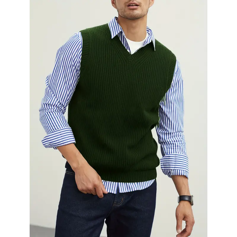 Menswear Stretch V Neck Sweater Vest Pullover Solid Color Sleeveless Preppy Style Black Collar for Fall Winter Nylon Fabric Beige Tops Casual Knit Wool