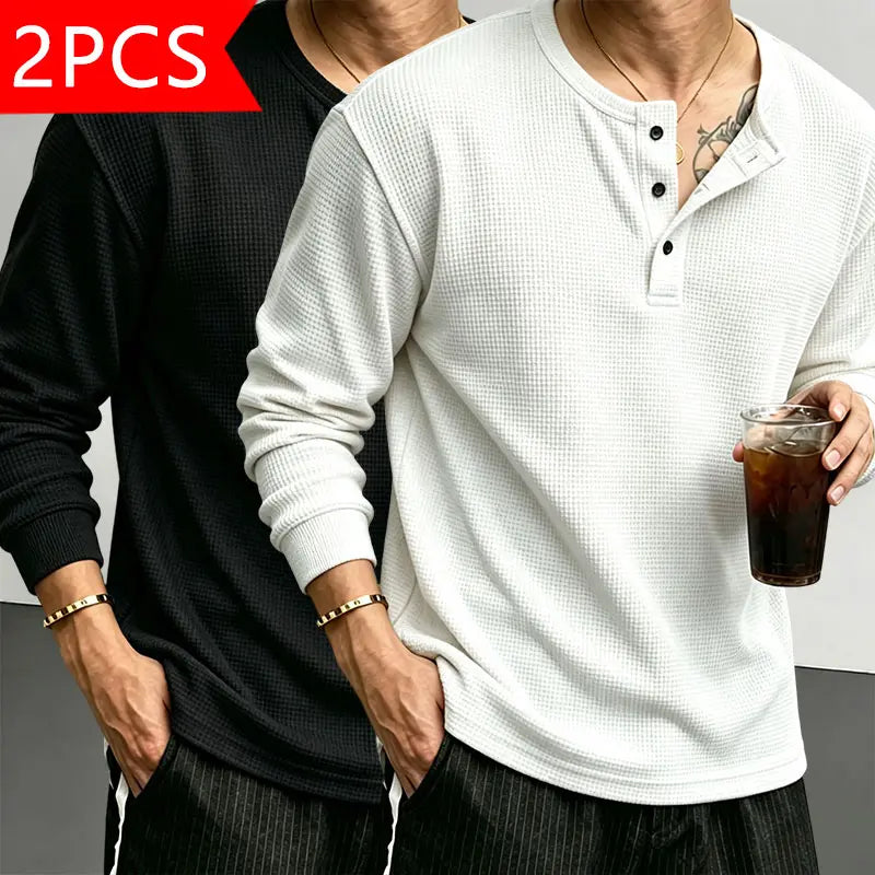 Men’s Classic Waffle-Knit Henley-Collar Short-Sleeve T-Shirt - Small Stand Collar, Half-Button Placket, Breathable Textured Knit Fabric, Relaxed Drop-Shoulder Casual Fit, Solid Basics Streetwear Top for Casual Everyday Wear