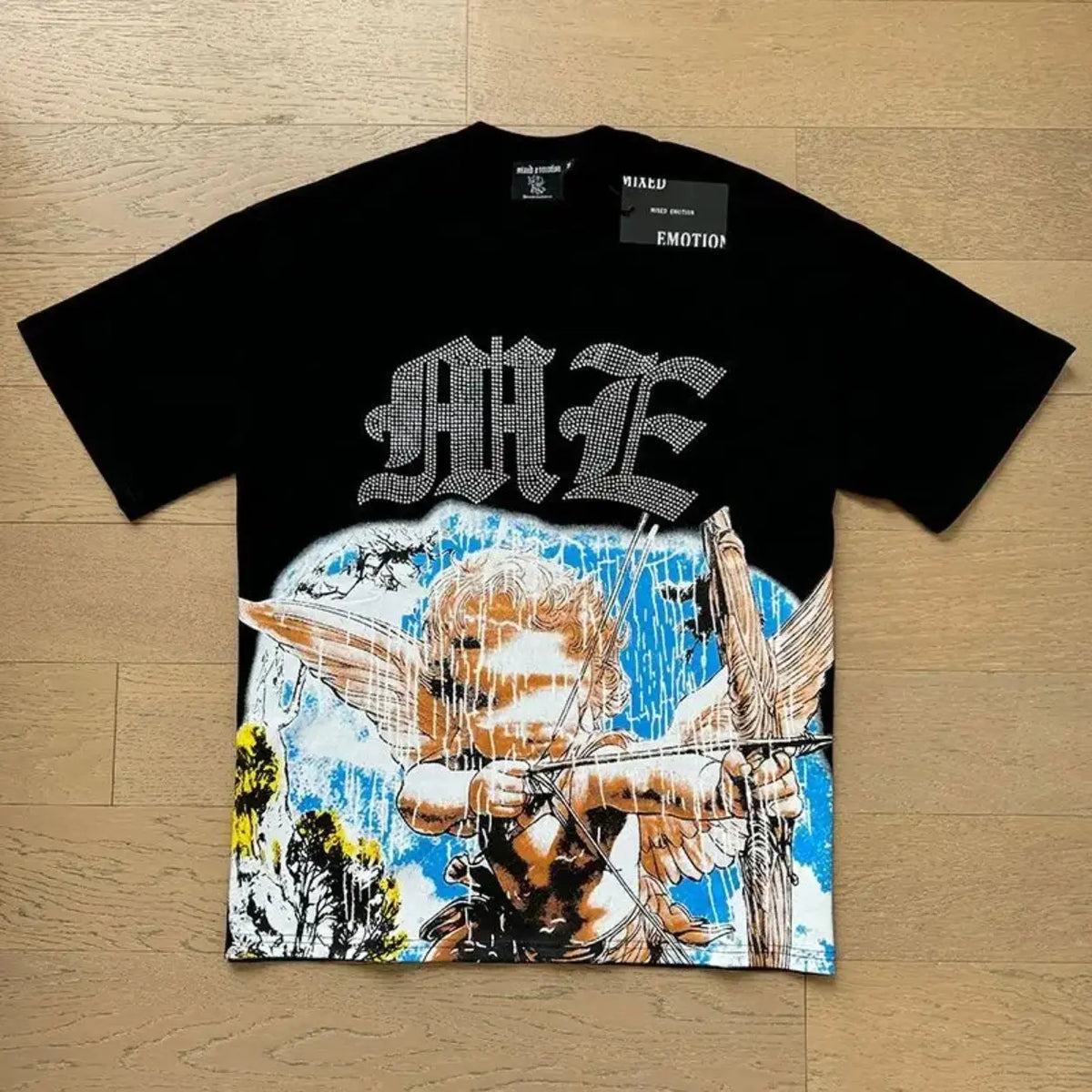 RMIXED EMOTION Rhinestone Graphic T-Shirt Men Women Oversized Cotton Tee Short Sleeve Crew Neck Streetwear Top Angel Print Gothic Y2K Hip Hop Casual Summer Shirt