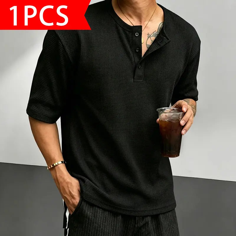 Men’s Classic Waffle-Knit Henley-Collar Short-Sleeve T-Shirt - Small Stand Collar, Half-Button Placket, Breathable Textured Knit Fabric, Relaxed Drop-Shoulder Casual Fit, Solid Basics Streetwear Top for Casual Everyday Wear