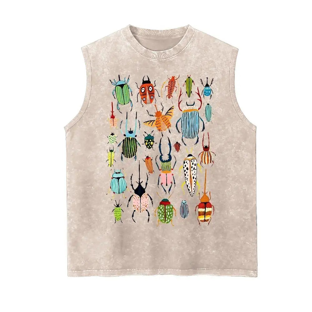 Men's Vintage Wash Garment-Dye High GSM Cotton 90s Graphic Beetle Insect Letter Print Loose-Fit Broken-In Soft Casual Sleeveless Tank Top - Menswear Streetwear Vest