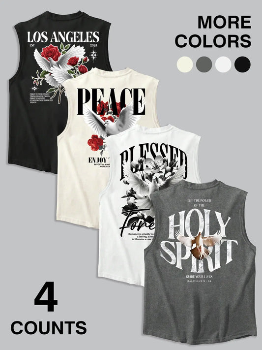Four-Piece American Style Dove Rose Print Sleeveless Tank Tops, Loose Fit Retro Streetwear Men's Clothing, Casual Cartoon Pattern