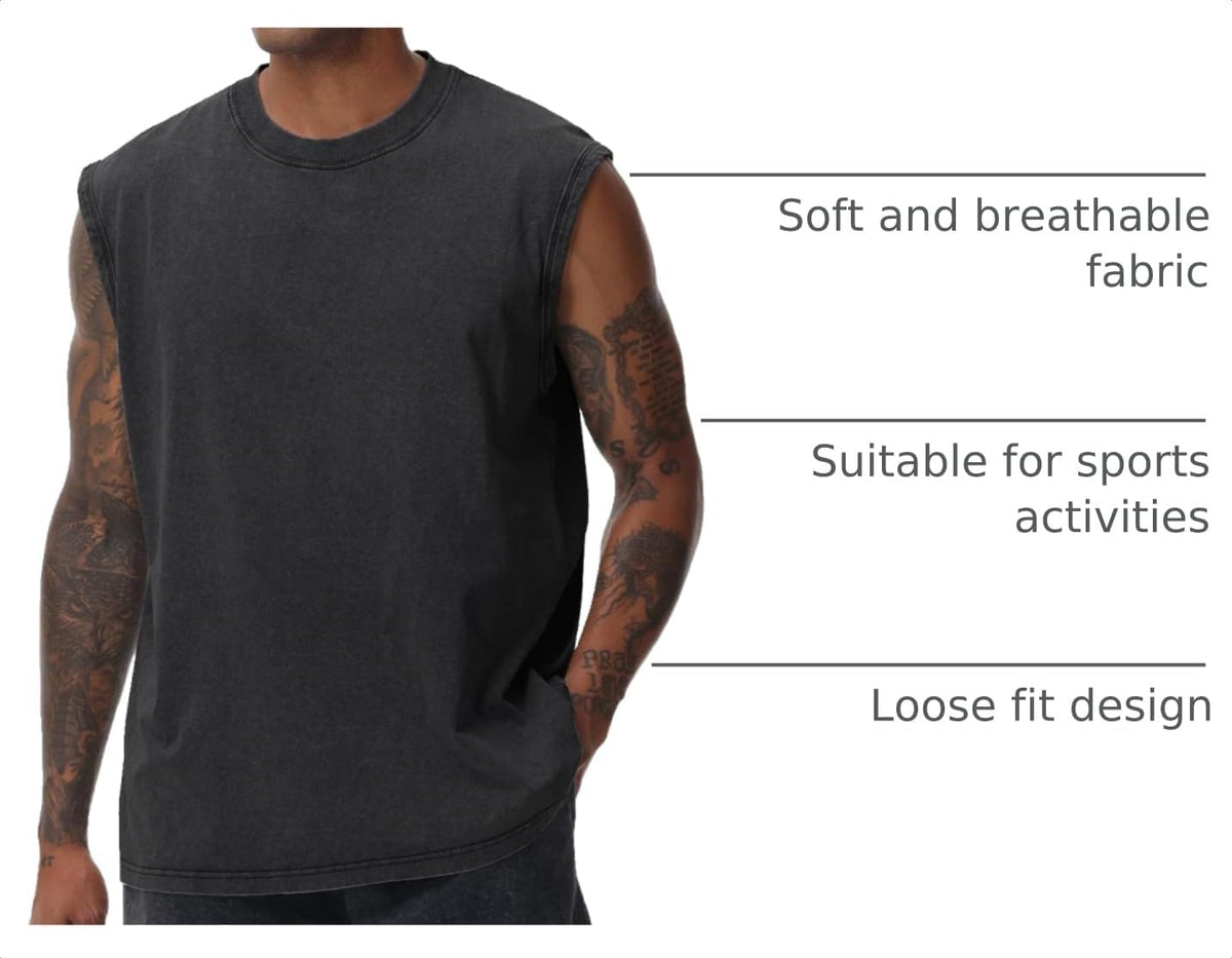 Mens Workout Tank Tops Sleeveless Tee Shirts Men Muscle Shirt Gym Acid Wash T Shirts Running Beach Loose Fit Tee