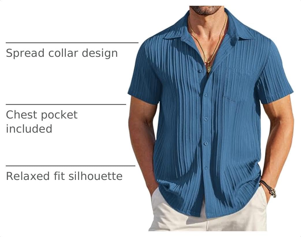 COOFANDY Men's Casual Button Down Shirts Short Sleeve Textured Summer Beach Shirt with Pocket