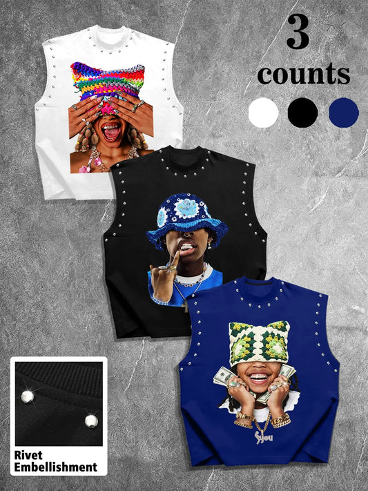 Summer Unisex Casual Vest Set, Asymmetrical Graphic Design, Sleeveless Top, Multiple Colors Available, Perfect for Daily Wear