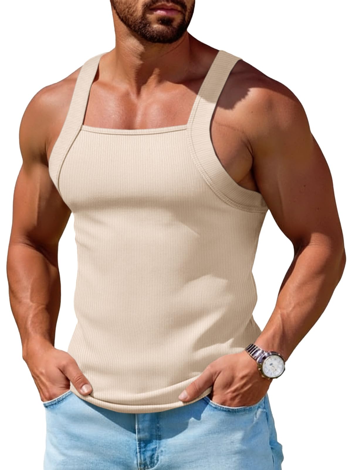 Runcati Mens Ribbed Knit Tank Tops Sleeveless Shirts Summer Gym Muscle Tees