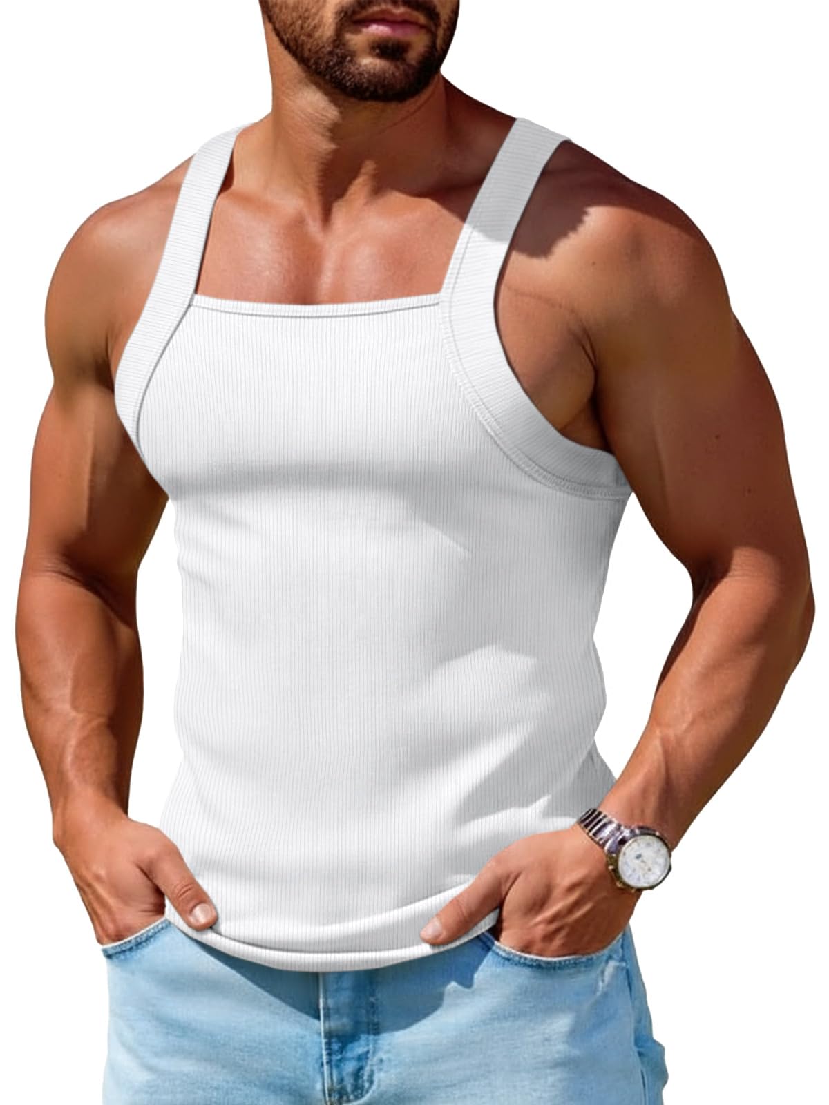 Runcati Mens Ribbed Knit Tank Tops Sleeveless Shirts Summer Gym Muscle Tees