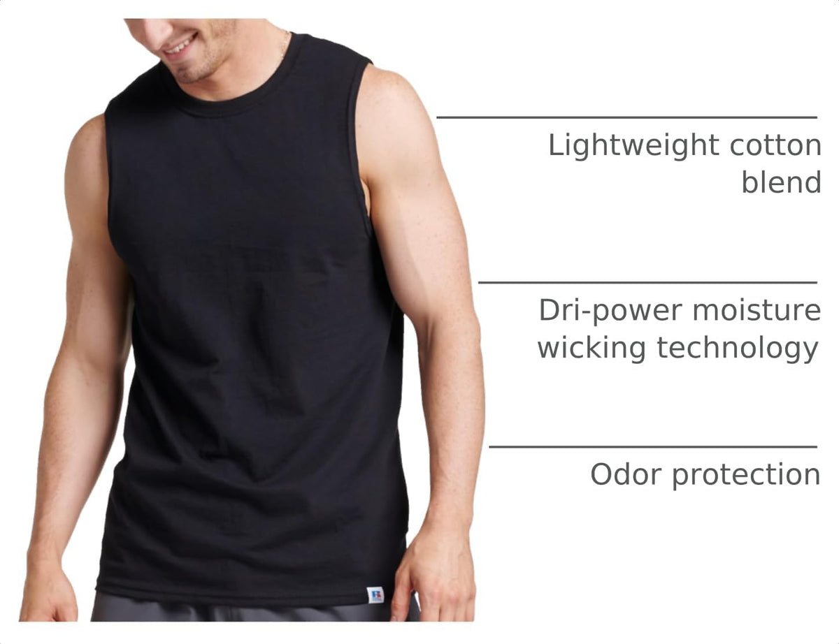 Russell Athletic Men's Dri-Power Cotton Blend Sleeveless Muscle Shirts,Moisture Wicking,Odor Protection, UPF 30+, Sizes S-4X